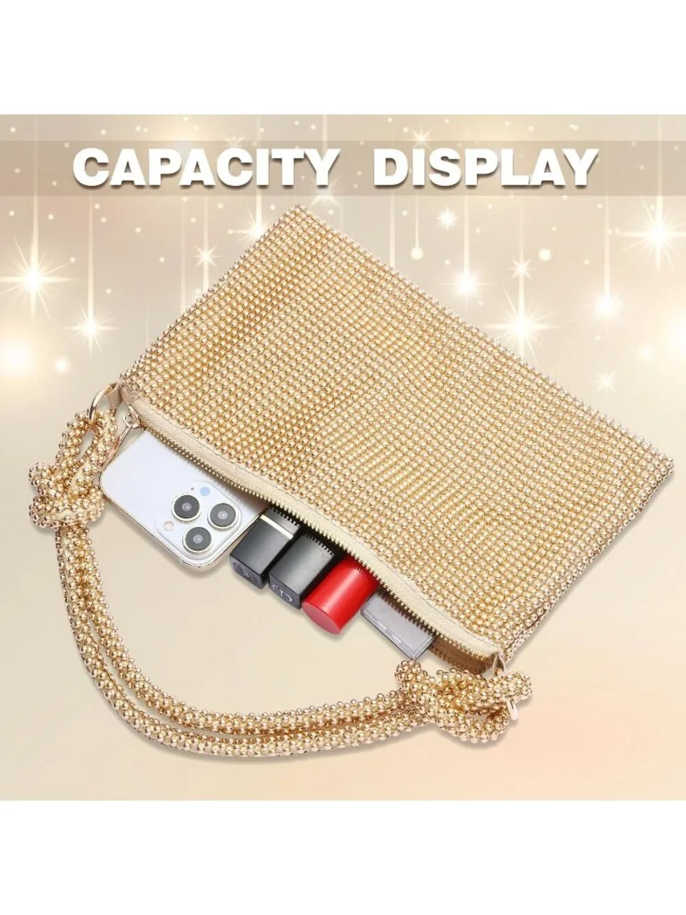 Women’s Gold Beads Rhinestone Mesh Clutch Evening Handbag Wedding Party Purse